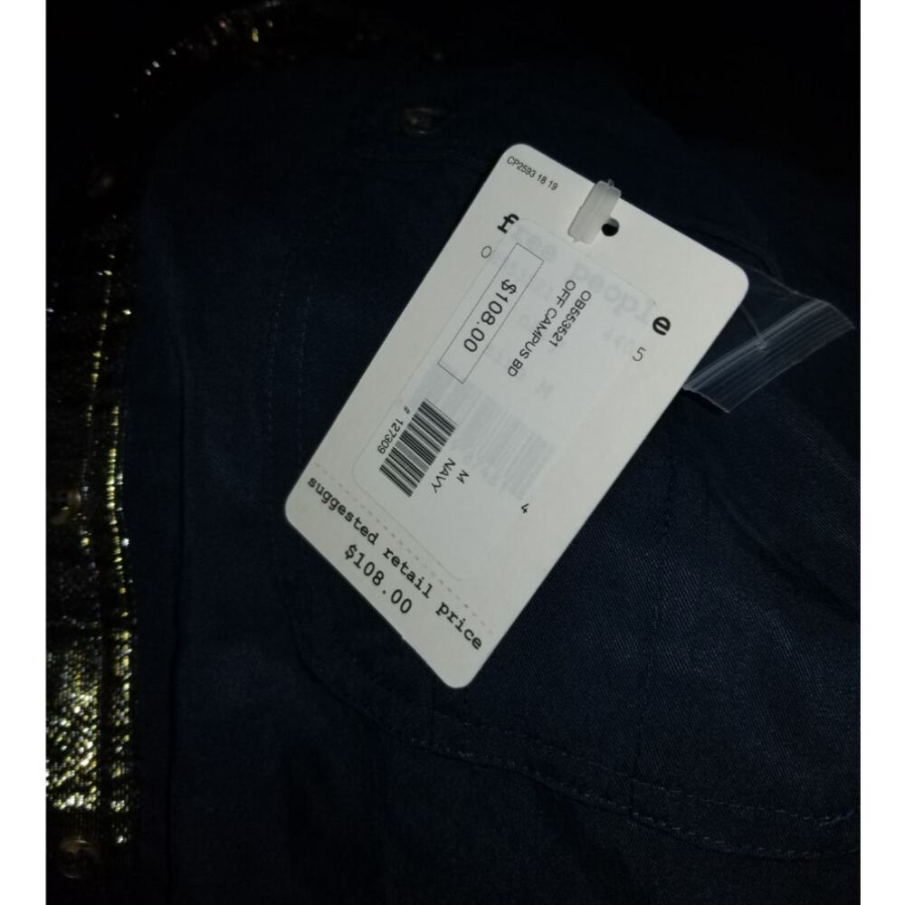 Free People OFF CAMPUS Button Up Shirt Top in Navy Blue Metallic Trim M NWT $108 - Picture 9 of 12